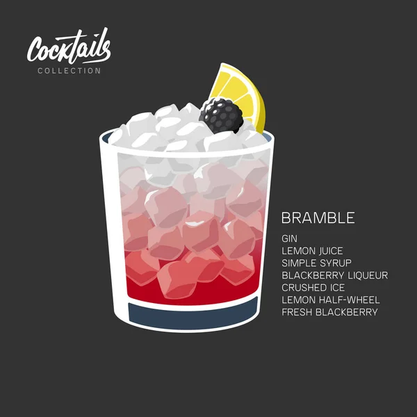 一杯由杜松子酒 柠檬汁 糖浆和黑莓酒制成的布拉姆布尔鸡尾酒 酒精饮料与碎冰 柠檬轮和黑莓黑色背景说明 — 图库矢量图片