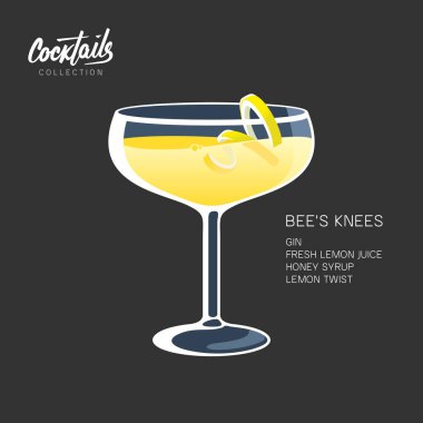 Bee's Knees cocktail on black backgound. Alcohol drink, made with gin, lemon juice and honey. Cocktail glass with lemon twist vector illustration vector Bee's Knees cocktail on black backgound. Alcohol drink, made with gin, lemon juice and honey. Cocktail glass with lemon twist vector illustration vector