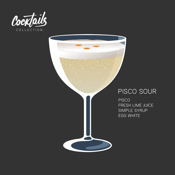 Pisco Sour鸡尾酒配方黑背向量图上的酒精饮料杯 — 图库矢量图片