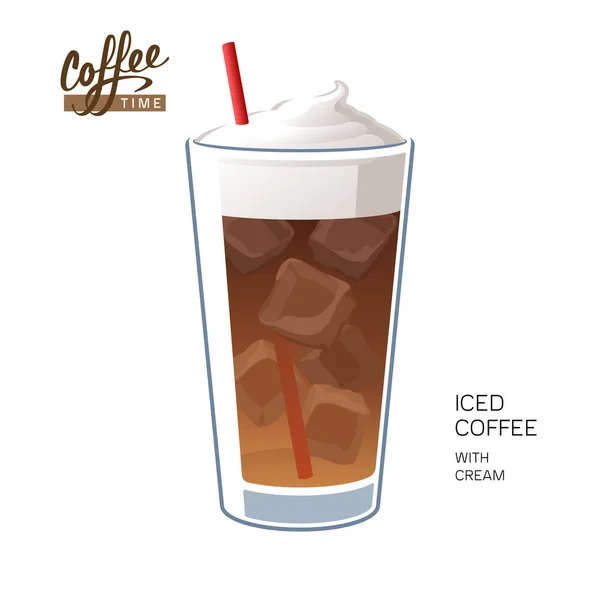 Café glacé en verre avec illustration vectorielle de crème de paille — Image vectorielle