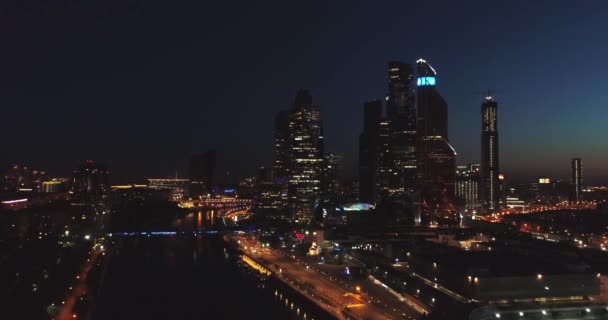 Night aerial view. Moscow City. View from above. City lights. Night panoramic shot on spring. Summer,4K — 图库视频影像