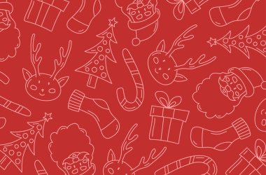 Kırmızı Noel arkaplanı şeker, çorap, Noel Baba, Noel süsü, ren geyiği, hediye, el çizimi.