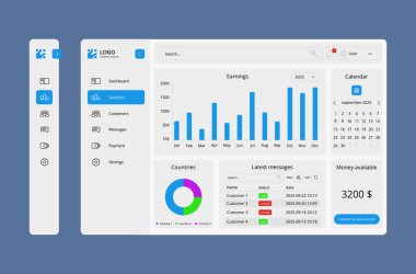 Web ve Mobil Uygulamalar için Modern Kontrol Paneli Şablonu. Grafikler, grafikler, kenar çubuğu navigasyonu, kartlar, istatistik gibi kullanıcı arayüzü tasarımı. Yönetim panelleri için mükemmel.