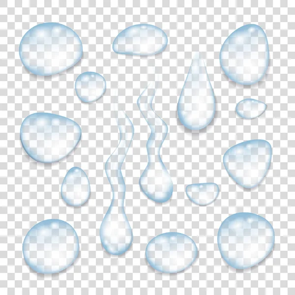 Transparent Blå Droppar Vatten Isolerad Grå Bakgrund Realistisk Vektorillustration — Stock vektor