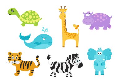 Sevimli çizgi Hayvanlar Bebek mallar için kümesi. Zürafa, fil, su aygırı, kaplumbağa; kaplan; Zebra; düz stil balina. Komik simgeler. Beyaz arka plan üzerinde izole vektör çizim.