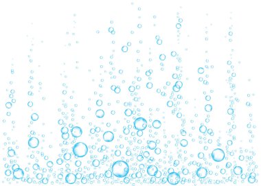 Sualtı fizzing hava, su veya oksijen beyaz arka plan üzerinde kabarcıklar. Efervesan içki. Denizde, gazlı sparkles akvaryum. Soda pop. Denizaltı vektör doku.