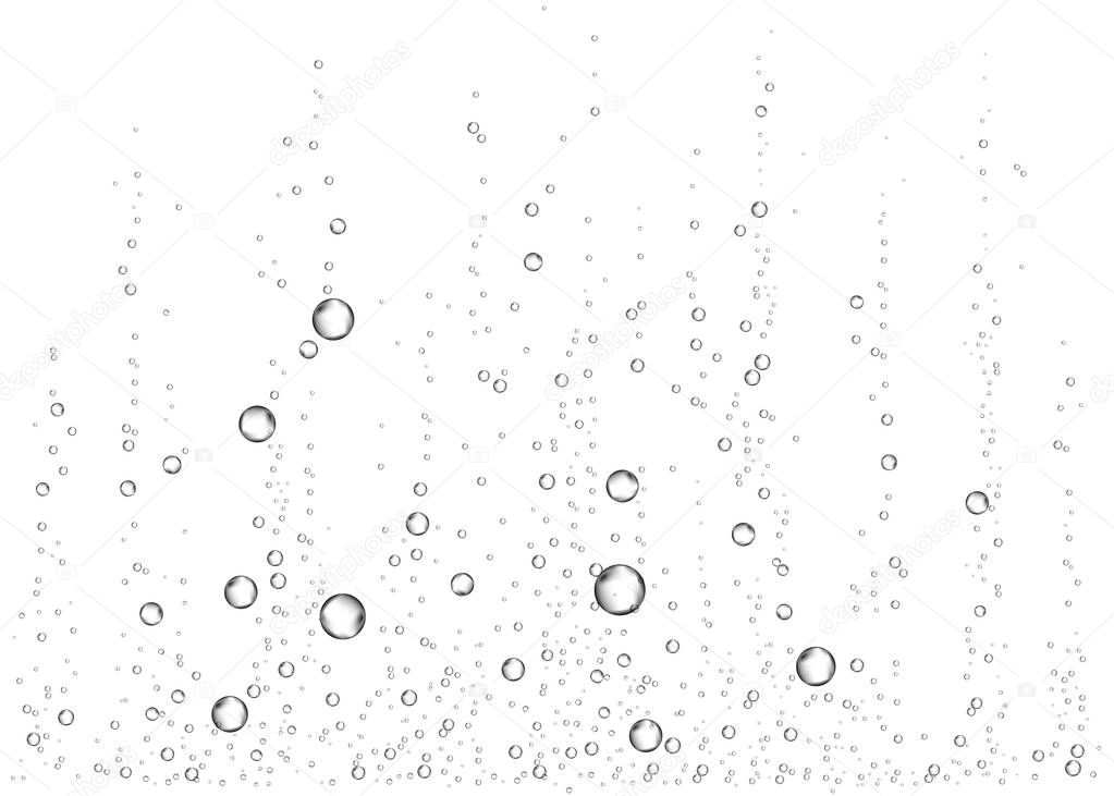 Underwater fizzing air, water or oxygen  bubbles on white  background. Effervescent drink. Fizzy sparkles in sea, aquarium. Champagne. Soda pop. Undersea vector texture.