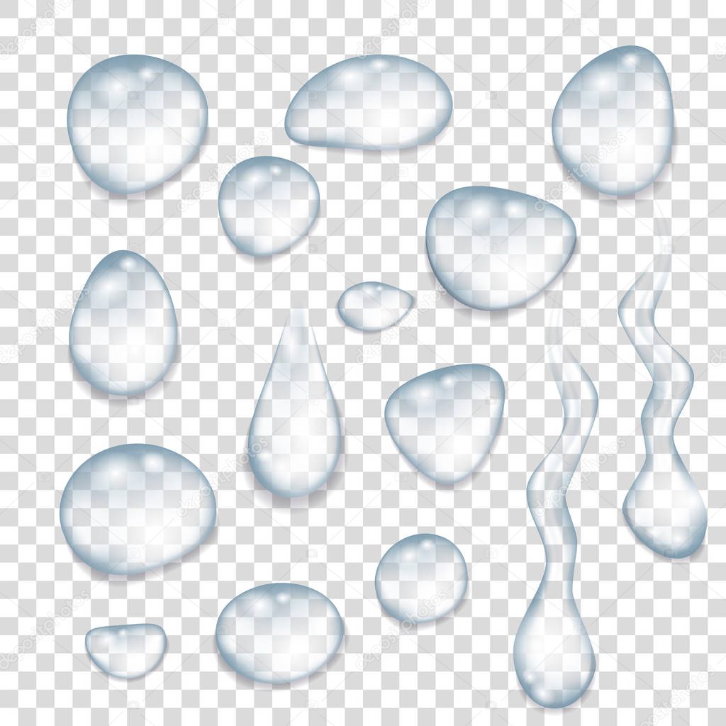 Collection  of  transparent  blue drops of pure clear water isolated on a gray background. Dew. Realistic  vector  illustration.