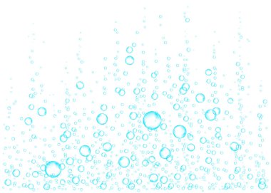 Sualtı fizzing hava, su veya oksijen beyaz arka plan üzerinde kabarcıklar. Efervesan içki. Denizde, gazlı sparkles akvaryum. Soda pop. Denizaltı vektör doku.