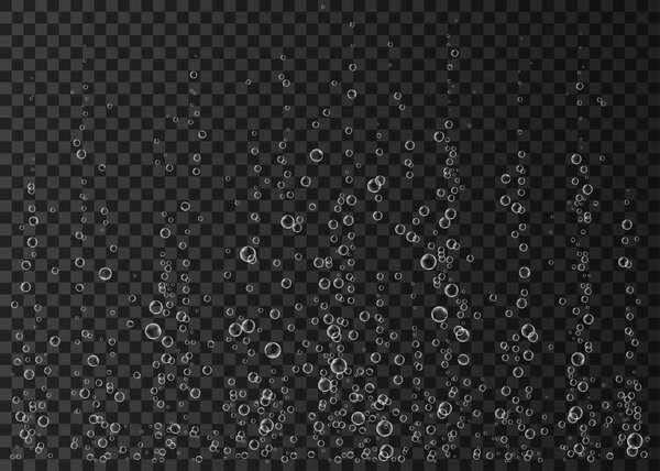 Underwater fizzing air, water or oxygen  bubbles on black  background. Effervescent drink. Fizzy sparkles in sea, aquarium. Champagne. Soda pop. Undersea vector texture.