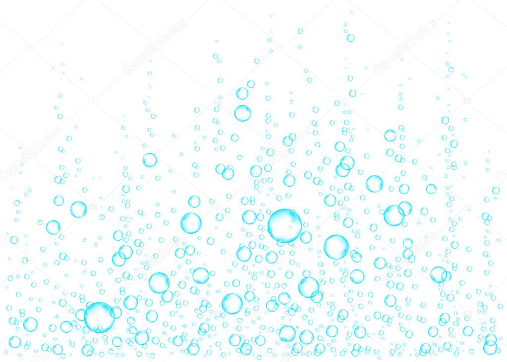 Underwater fizzing air, water or oxygen  bubbles on white  background. Effervescent drink. Fizzy sparkles in sea, aquarium.  Soda pop. Undersea vector texture.