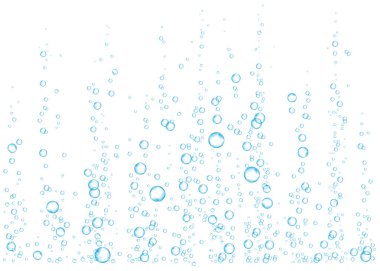Sualtı fizzing hava, su veya oksijen beyaz arka plan üzerinde kabarcıklar. Efervesan içki. Denizde, gazlı sparkles akvaryum. Soda pop. Denizaltı vektör doku.