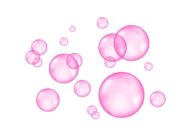 Beyaz arka planda köpüklü hava ya da su pembe kabarcıkları. Rüya gör. Kıvılcımlar. Sakız. Vektör dokusu