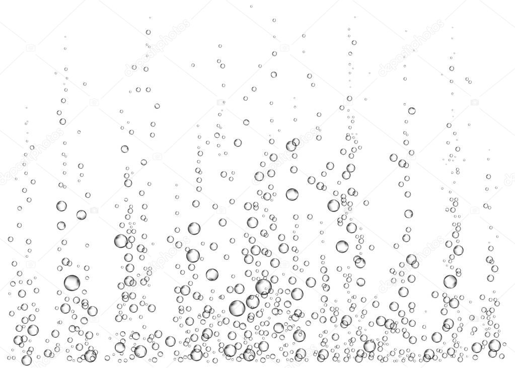 Underwater fizzing air, water or oxygen  bubbles on white  background. Effervescent drink. Fizzy sparkles in sea, aquarium. Champagne. Soda pop. Undersea vector texture.