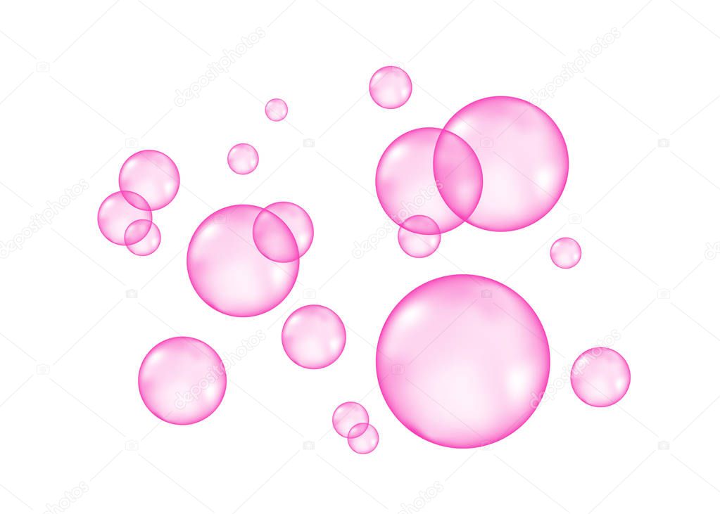 Fizzing air or water pink bubbles on white  background. Dream. Fizzy sparkles. Gum. Vector texture