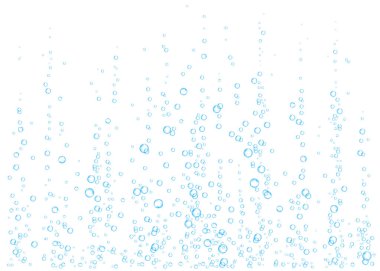 Sualtı fizzing hava, su veya oksijen beyaz arka plan üzerinde kabarcıklar. Efervesan içki. Denizde, gazlı sparkles akvaryum. Soda pop. Denizaltı vektör doku.