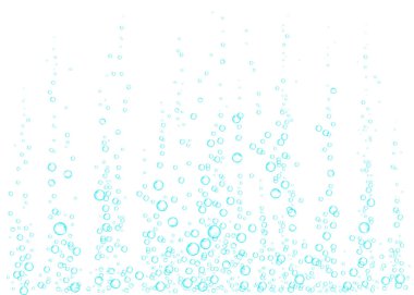 Sualtı fizzing hava, su veya oksijen beyaz arka plan üzerinde kabarcıklar. Efervesan içki. Denizde, gazlı sparkles akvaryum. Soda pop. Denizaltı vektör doku.