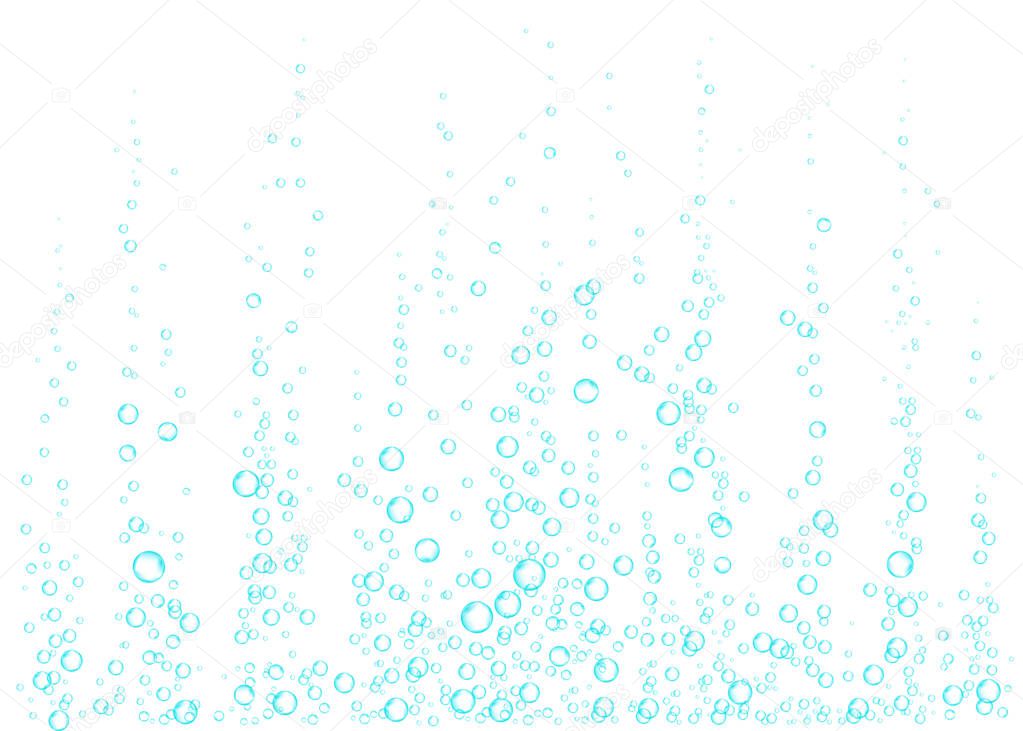 Underwater fizzing air, water or oxygen  bubbles on white  background. Effervescent drink. Fizzy sparkles in sea, aquarium.  Soda pop. Undersea vector texture.