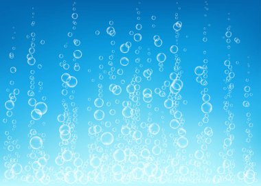 Underwater fizzing air, water or oxygen  bubbles on blue  background. Fizzy sparkles in sea, aquarium. Fizz. Undersea vector texture with rays of sunlight. clipart