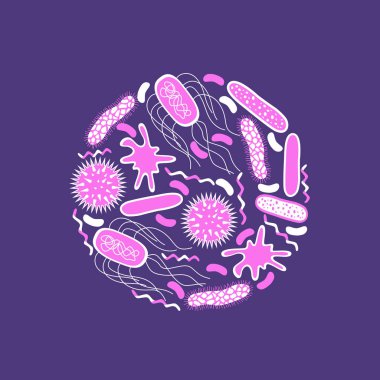 Germs and bacteria icons set  isolated on purple background.  Shape of bacterial cell: cocci, bacilli, spirilla.  Vector  illustration in flat style. clipart