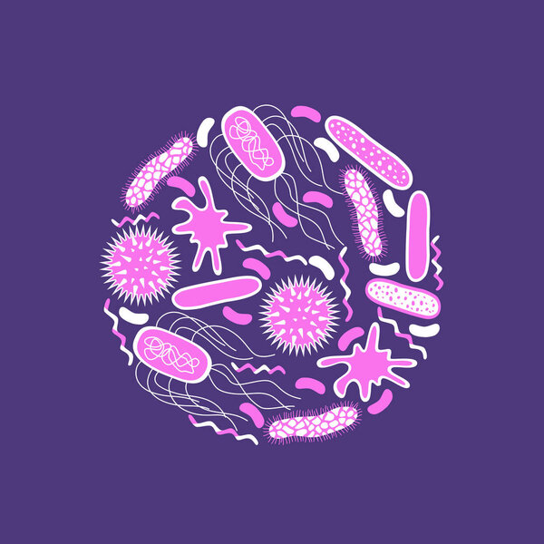 Germs and bacteria icons set  isolated on purple background.  Shape of bacterial cell: cocci, bacilli, spirilla.  Vector  illustration in flat style.