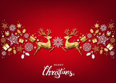 Yazı ve altın Xmas geyik ve kar taneleri ile Noel desen. Ağacı süsle. Mutlu yeni yıl kırmızı arka plan. Vektör renkli şablonu için tebrik kartı.