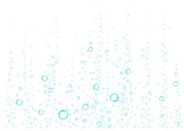 Sualtı fizzing hava, su veya oksijen beyaz arka plan üzerinde kabarcıklar. Efervesan içki. Denizde, gazlı sparkles akvaryum. Soda pop. Denizaltı vektör doku.