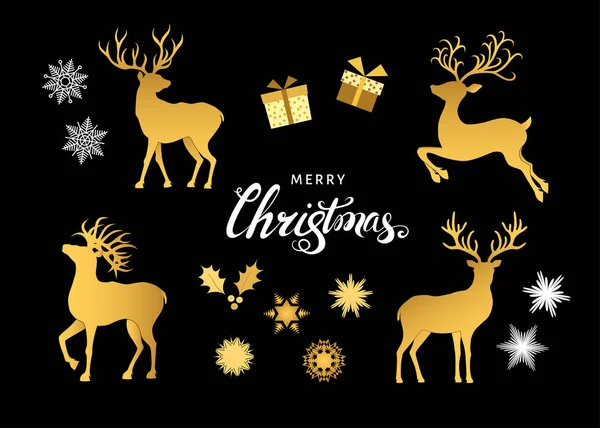Altın Christmas Dekoratif Tasarım Öğeleri Koleksiyonu Geyik Siluetleri Kar Taneleri — Stok Vektör