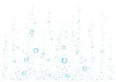 Sualtı fizzing hava, su veya oksijen beyaz arka plan üzerinde kabarcıklar. Efervesan içki. Denizde, gazlı sparkles akvaryum. Soda pop. Denizaltı vektör doku.
