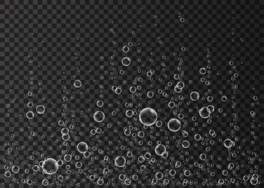 Sualtı fizzing hava, su veya oksijen siyah arka plan üzerinde kabarcıklar. Efervesan içki. Denizde, gazlı sparkles akvaryum. Şampanya. Soda pop. Denizaltı vektör doku.