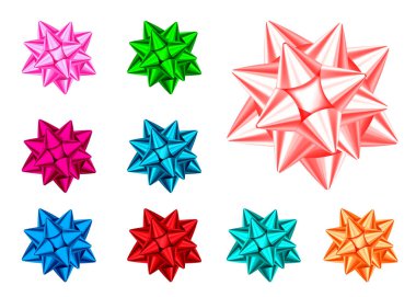 Parlak hediye izole üzerinde beyaz arka plan önünde diz. Mavi, kırmızı, yeşil, pembe, turuncu Noel, yeni yıl dekorasyon. Tatil tasarım öğeleri afiş, tebrik kartı, poster için vektör ayarla.