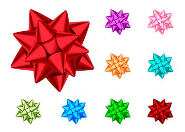 Beyaz arka plan üzerinde izole mavi, kırmızı, yeşil, pembe, turuncu, mor hediye yay. Noel, yeni yıl dekorasyon. Tatil tasarım öğeleri afiş, tebrik kartı, poster için vektör ayarla.