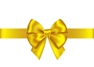 Altın hediye şerit ve beyaz arka plan üzerinde izole yay. Noel, yeni yıl, Doğum günü altın dekorasyon. Banner, tebrik kartı, poster için vektör gerçekçi dekor ögesi.