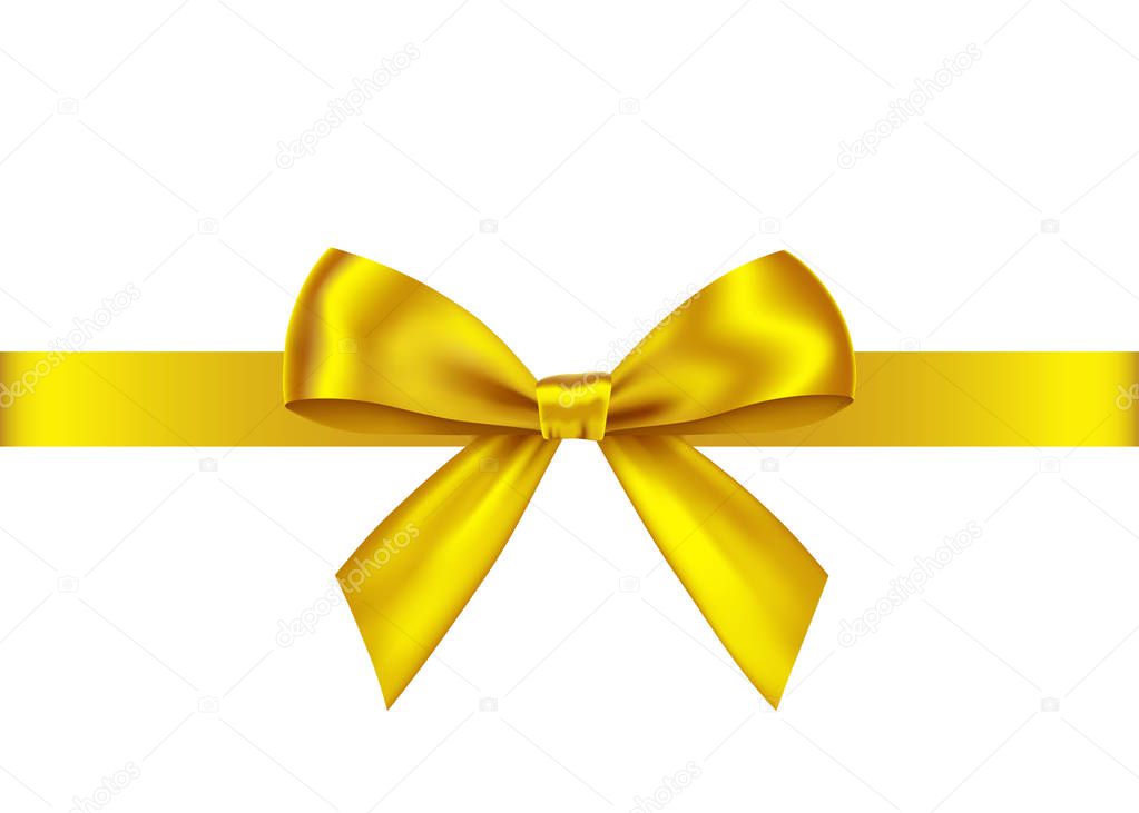 Golden  gift ribbon and bow isolated on white background. Christmas, New Year, birthday gold decoration. Vector realistic decor element  for banner, greeting card, poster.