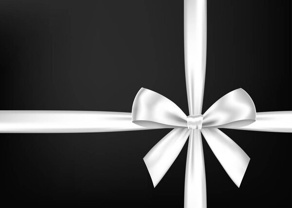 White  gift ribbon and bow isolated on black  background. Christmas, New Year, birthday silver decoration. Vector realistic decor element  for banner, greeting card, poster.