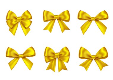 Altın hediye seti beyaz arka plan üzerinde izole yay. Noel, yeni yıl, Doğum günü altın dekorasyon. Banner, tebrik kartı, poster için vektör gerçekçi dekor ögesi.