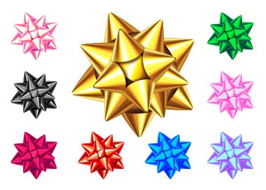 Parlak hediye izole üzerinde beyaz arka plan önünde diz. Mavi, altın, kırmızı, yeşil, pembe, siyah, mor Noel, yeni yıl dekorasyon. Tatil tasarım öğeleri afiş, tebrik kartı, poster için vektör ayarla.
