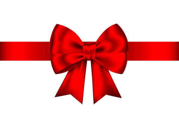 Red realistic gift bow with horizontal  ribbon isolated on white background. Vector holiday design element  for banner, greeting card, poster.