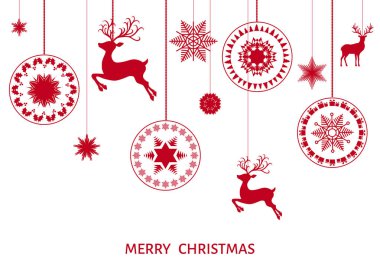Noel beyaz zemin üzerine kırmızı ağacı süsle. Yeni Yılınız Kutlu Olsun. Xmas topu, Ren geyiği ve kar taneleri. Vektör kış şablonu için tebrik kartı veya yeni yıl eğlencesi daveti. 