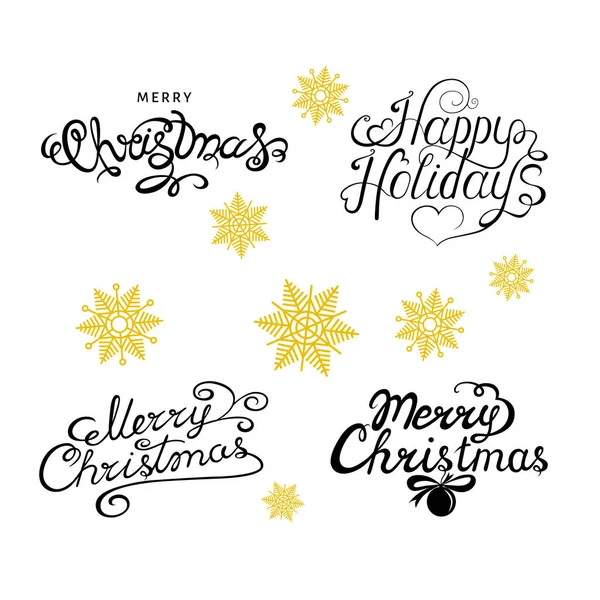 Merry Christmas Happy Holydays Hand Lettering Golden Snowflakes White Background — Stock Vector