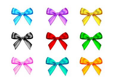 Dekoratif hediye şerit ve beyaz arka plan üzerinde izole yay. Mavi, kırmızı, yeşil, pembe, altın tatil dekorasyon. Banner, tebrik kartı, poster için dekor elementlerin vektör ayarla.