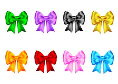 Dekoratif hediye şerit ve beyaz arka plan üzerinde izole yay. Mavi, kırmızı, yeşil, pembe, altın tatil dekorasyon. Banner, tebrik kartı, poster için dekor elementlerin vektör ayarla.