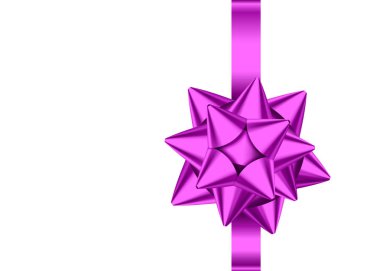 Mor saten kurdele ve beyaz arka plan üzerinde izole yay hediye. Noel, yeni yıl, Doğum günü dekorasyonu. Banner, tebrik kartı, poster için vektör gerçekçi mor dekor ögesi.