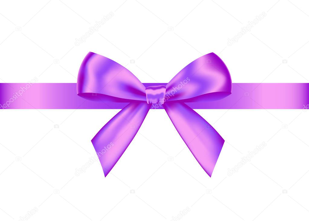 Purple realistic gift bow with horizontal  ribbon isolated on white background. Vector holiday design element  for banner, greeting card, poster.