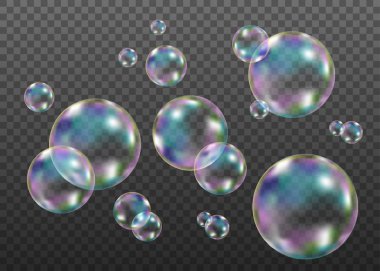 Colorful soap  bubbles with rainbow reflection.  clipart