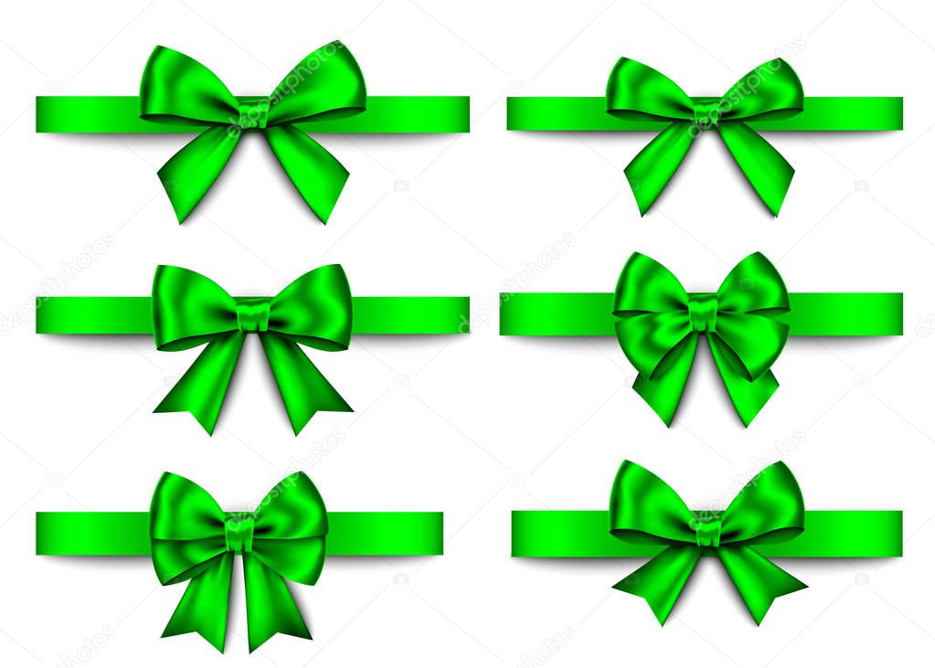 Green  gift bows set  for  Christmas, New Year decoration.