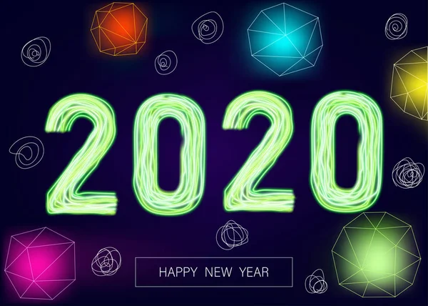 2020 heureux fond de nouvelle année avec le nombre de néon vert, flash . — Image vectorielle