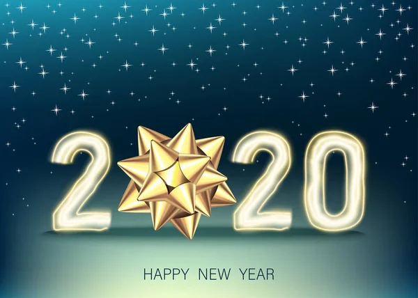 2020 frohes neues Jahr blauer Hintergrund mit goldener Schleife. — Stockvektor