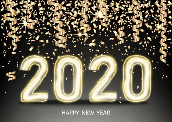 2020 heureux fond de nouvelle année avec nombre de néon doré, confettis — Image vectorielle