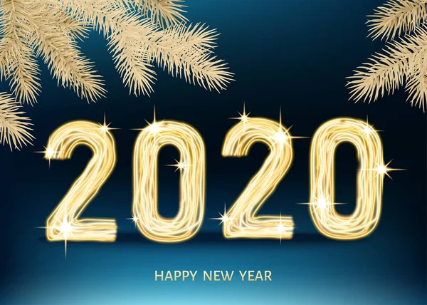 2020 frohes neues Jahr blauer Hintergrund mit goldener Neonzahl. — Stockvektor